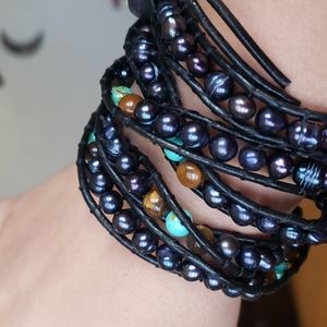 Tigers eye and turquoise with dyed black pearls wrap around